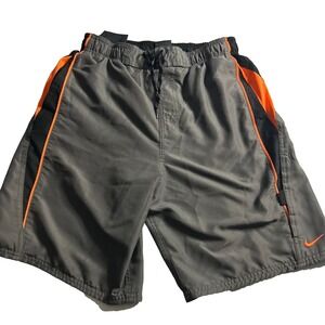 Nike Swim‎ Trunk Short Mens S Gray Swoosh Logo Embroidered Drawstring Black
